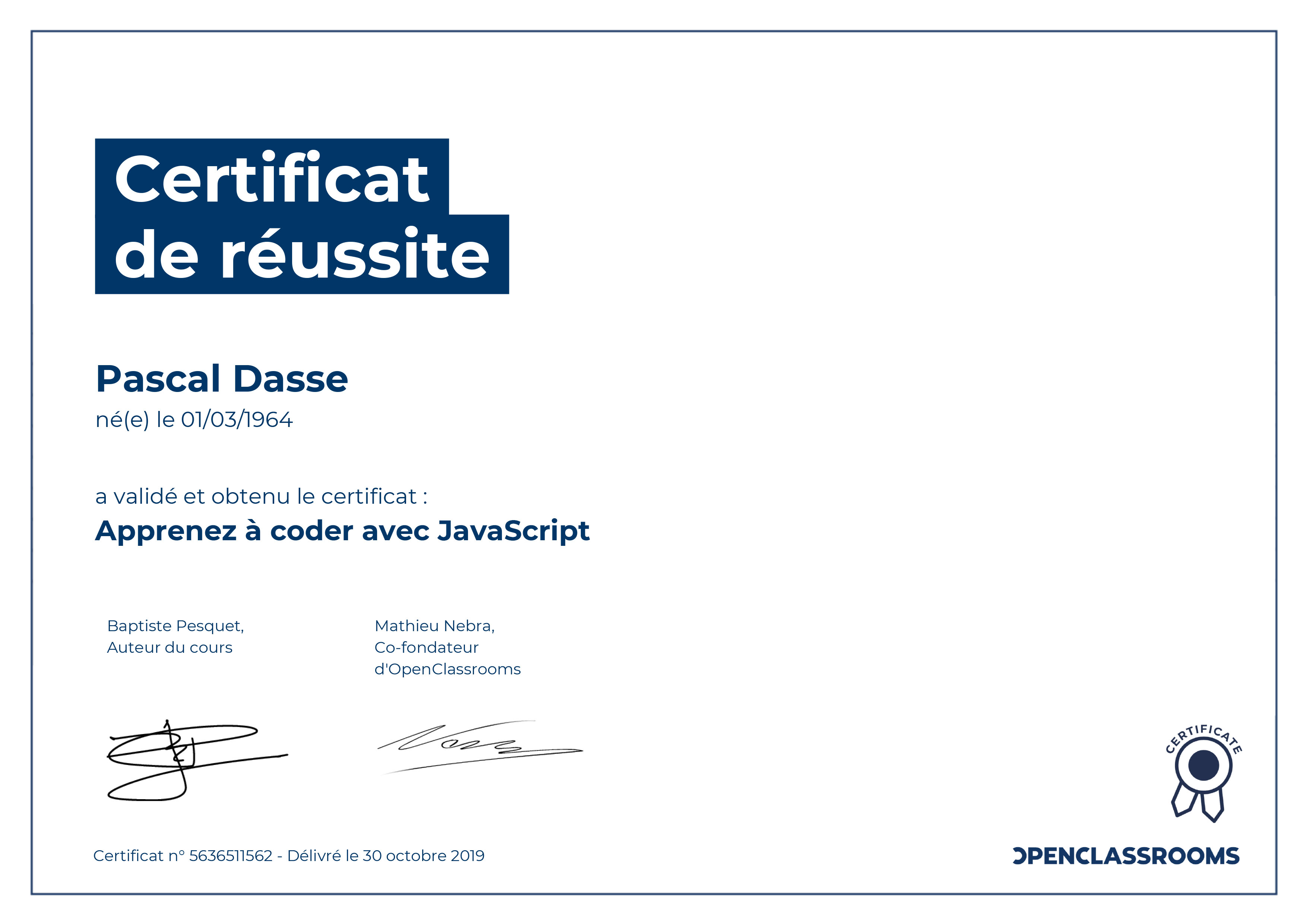 Certificat JavaScript