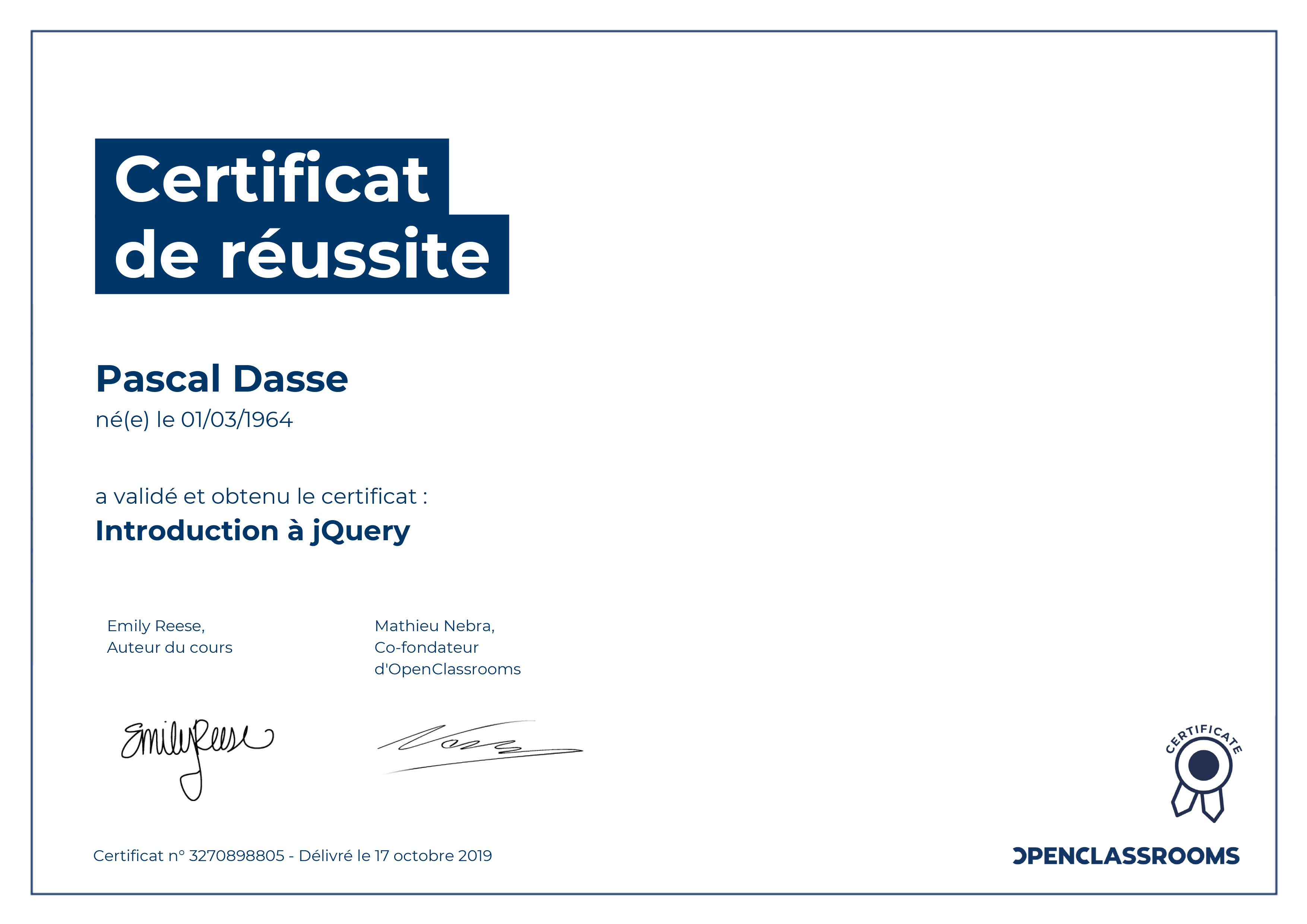 Certificat jQuery