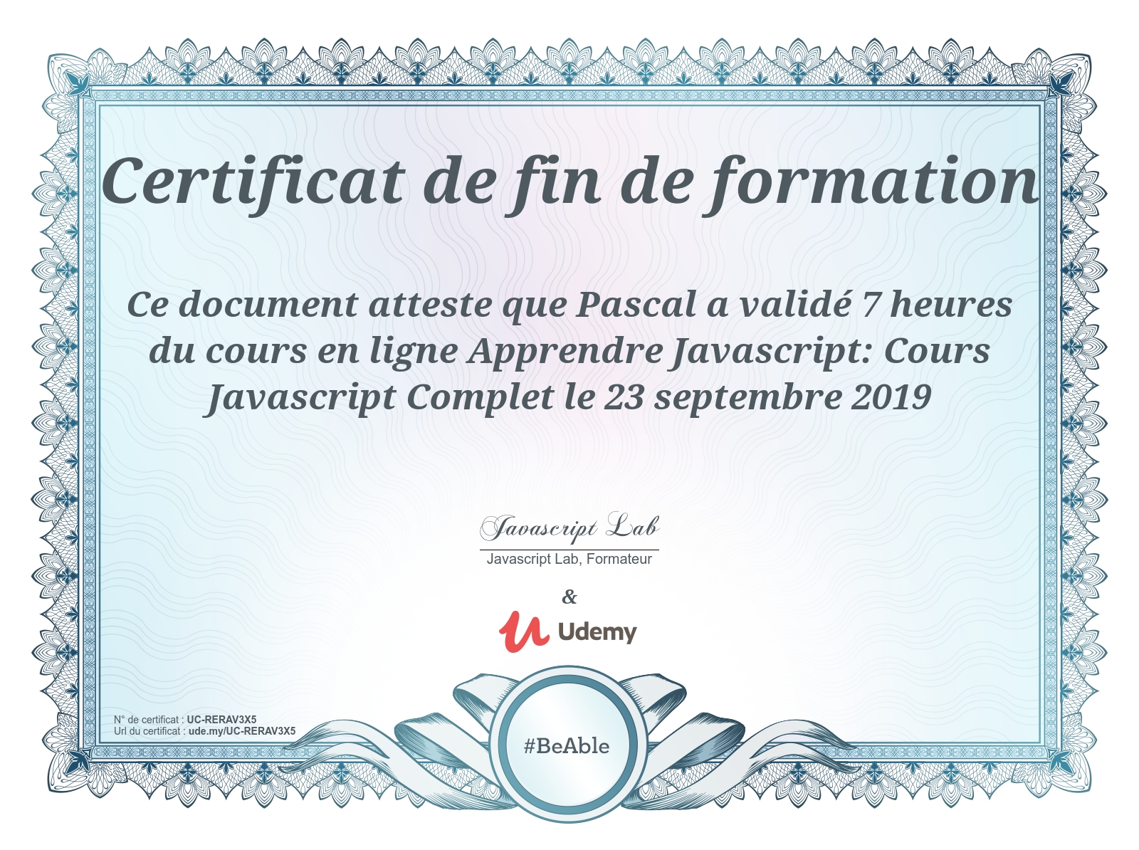 Certificat Udemy JavaScript